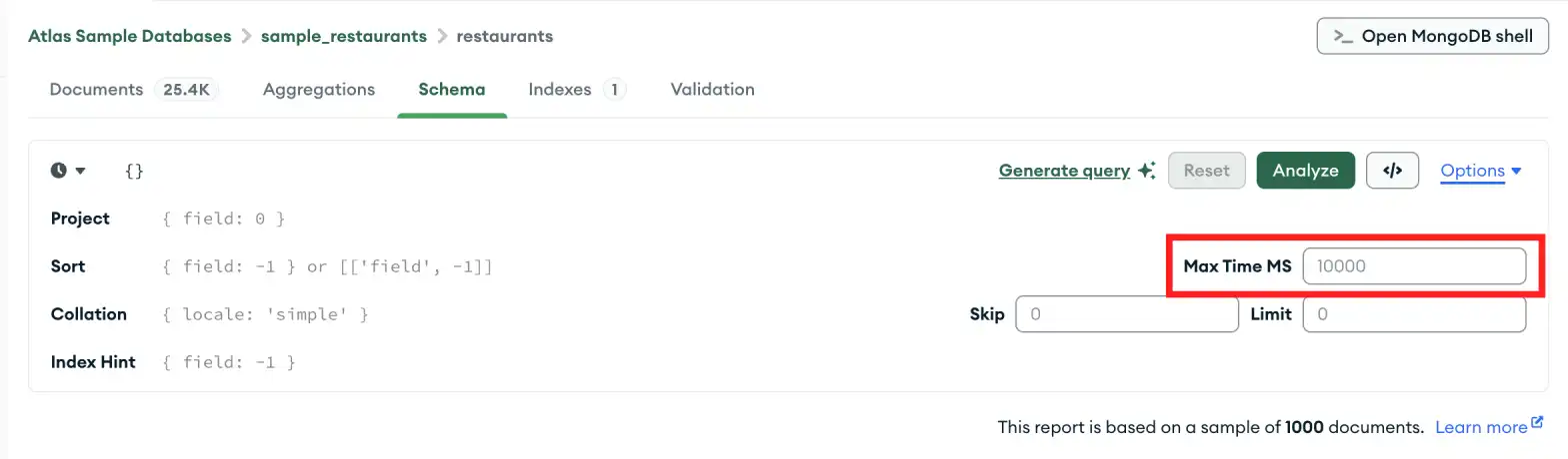 The Options button is on the right side of the query bar, next to the Analyze button.