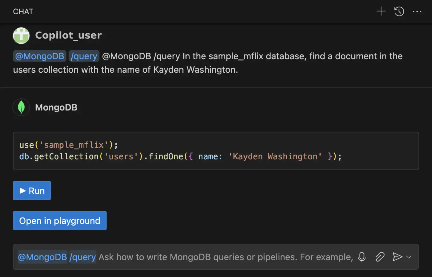 Screenshot of copilot generating a query